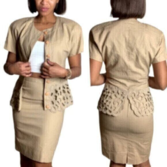 Pia Rucci Women’s Tan Vintage Two Piece Skirt Suit & Blazer Set - Picture 6 of 16